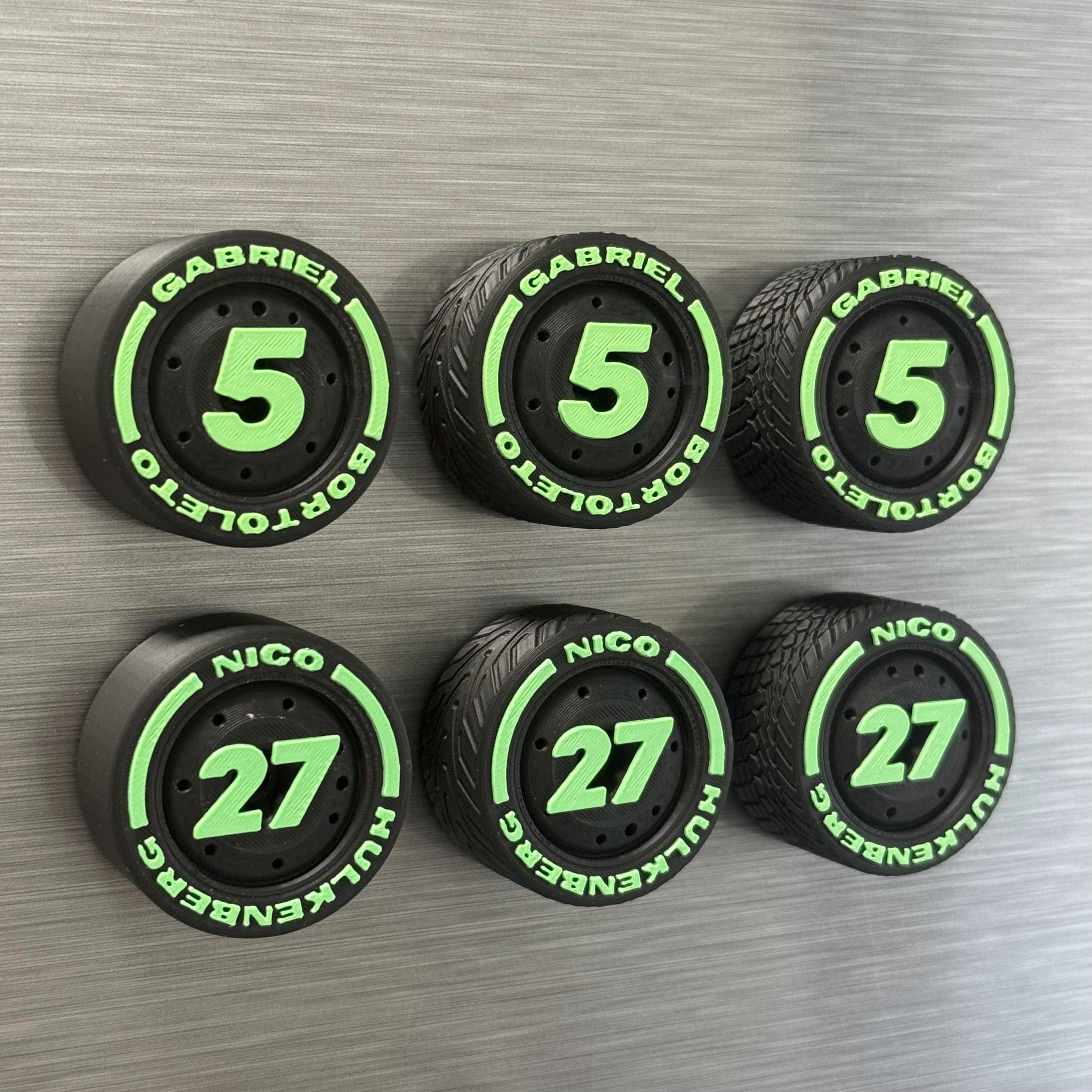 Gabriel Bortoleto Nico Hulkenberg F1 Tire Magnets – Heritage Team Colors Racing Numbers 5 and 27 Formula 1 Gift for Motorsport Fans