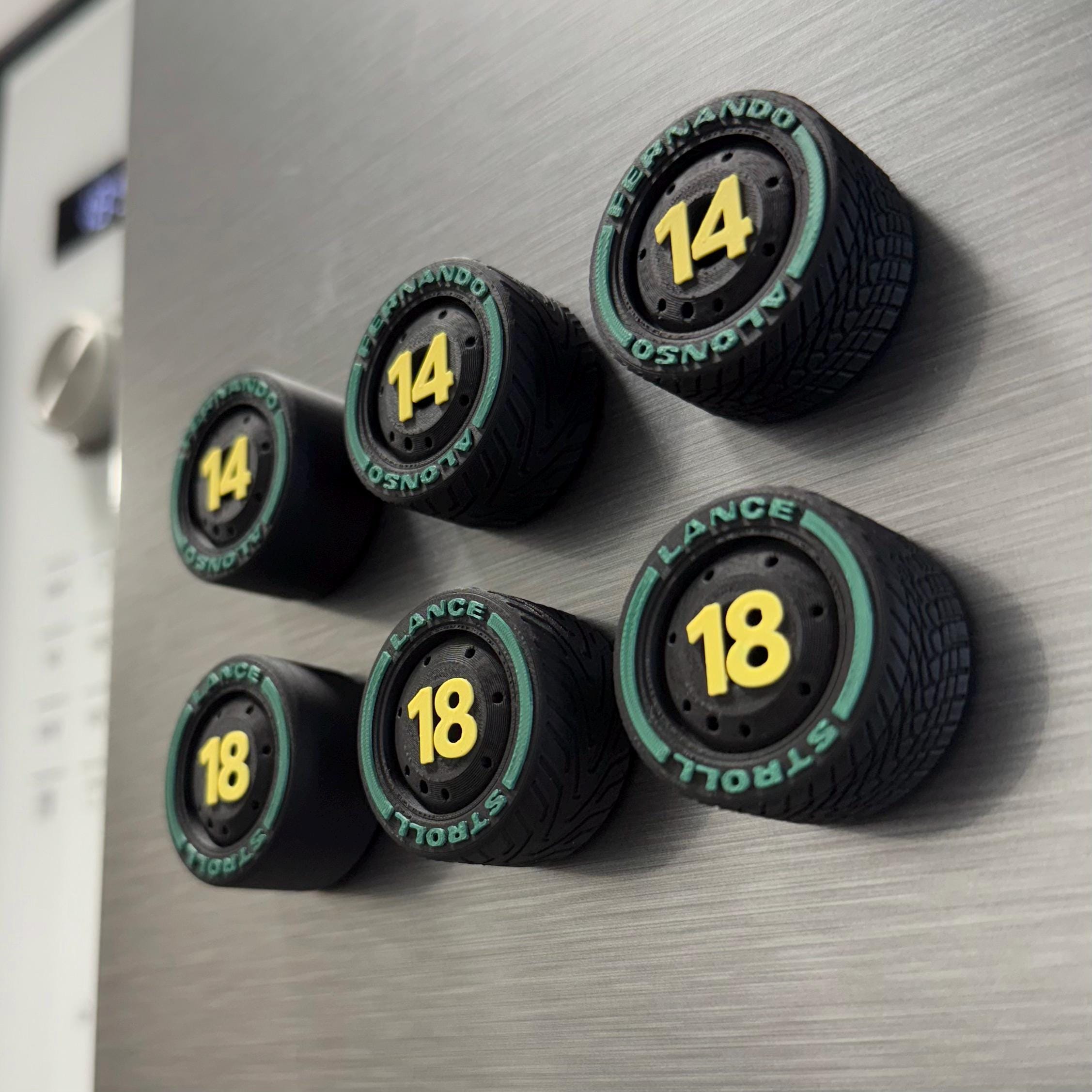 Green Wings F1 Team Tire Magnets – Colors Racing Numbers 14 and 18 Formula 1 Gift for Motorsport Fans