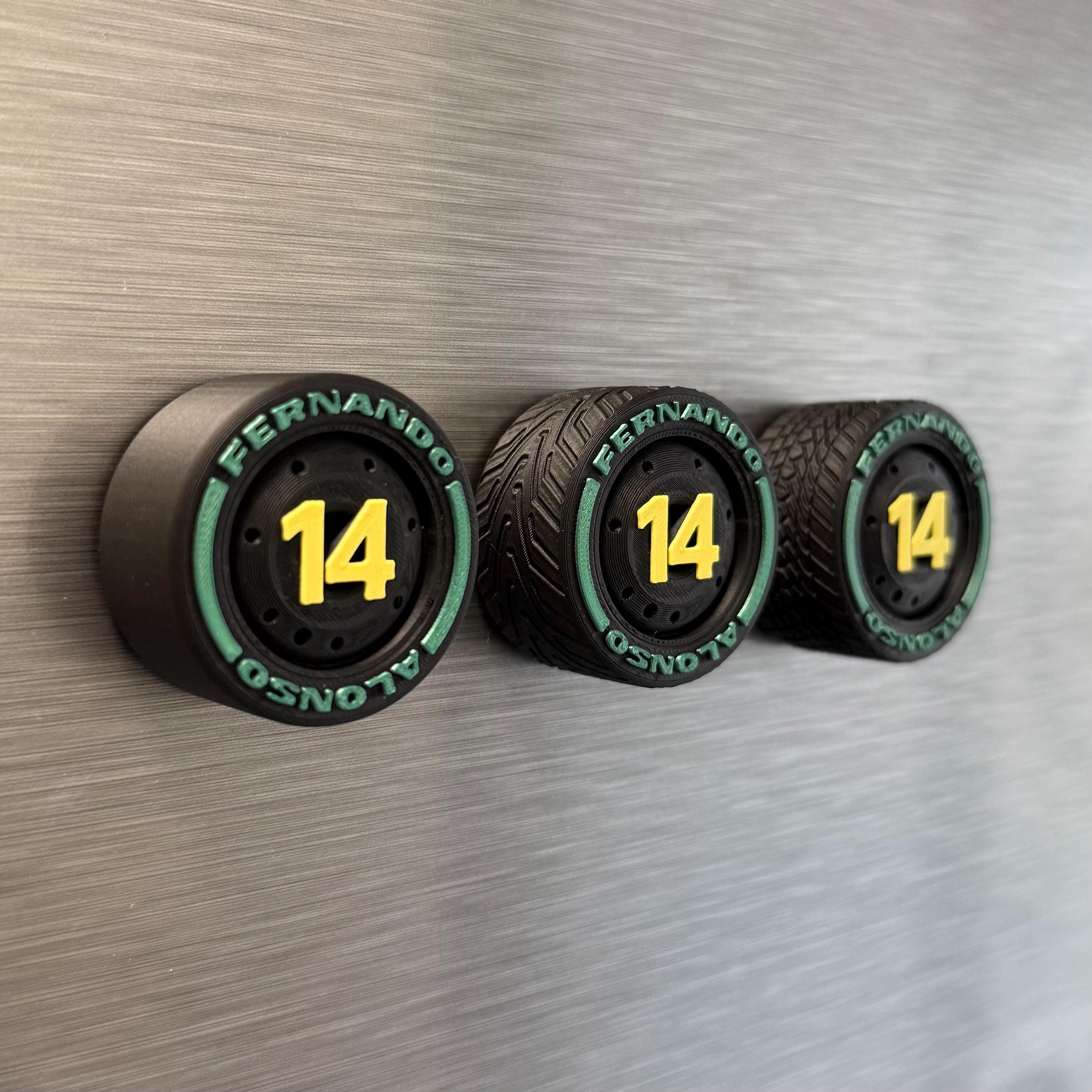 Green Wings F1 Team Tire Magnets – Colors Racing Numbers 14 and 18 Formula 1 Gift for Motorsport Fans