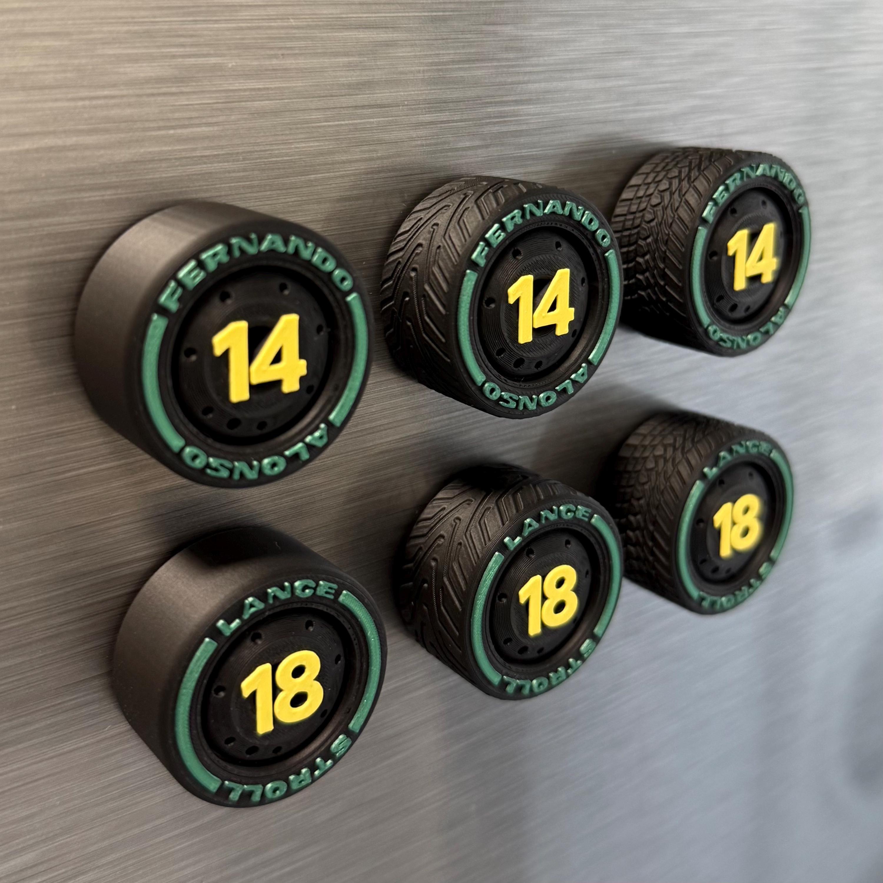 Green Wings F1 Team Tire Magnets – Colors Racing Numbers 14 and 18 Formula 1 Gift for Motorsport Fans