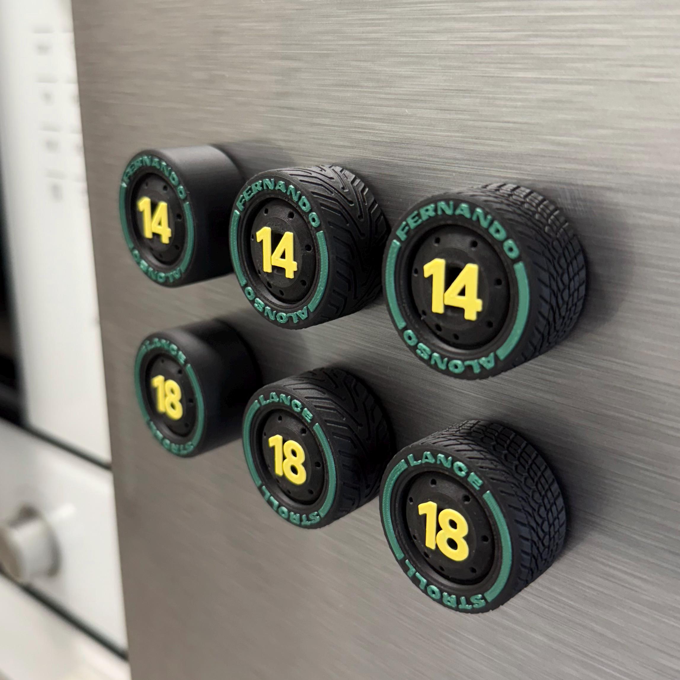 Green Wings F1 Team Tire Magnets – Colors Racing Numbers 14 and 18 Formula 1 Gift for Motorsport Fans