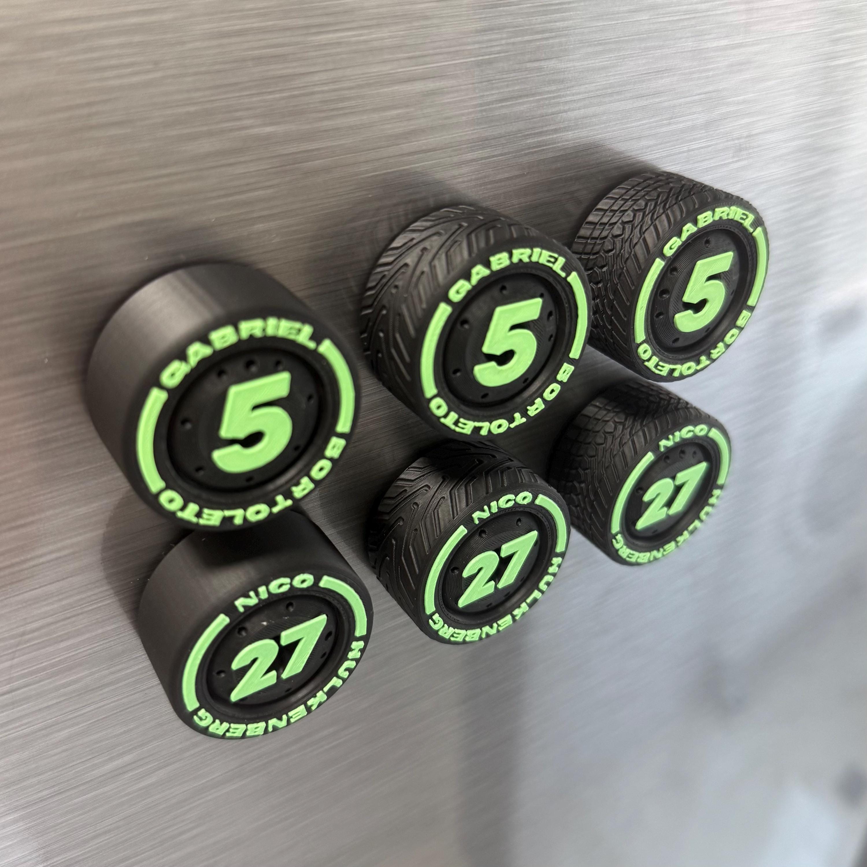 Gabriel Bortoleto Nico Hulkenberg F1 Tire Magnets – Heritage Team Colors Racing Numbers 5 and 27 Formula 1 Gift for Motorsport Fans