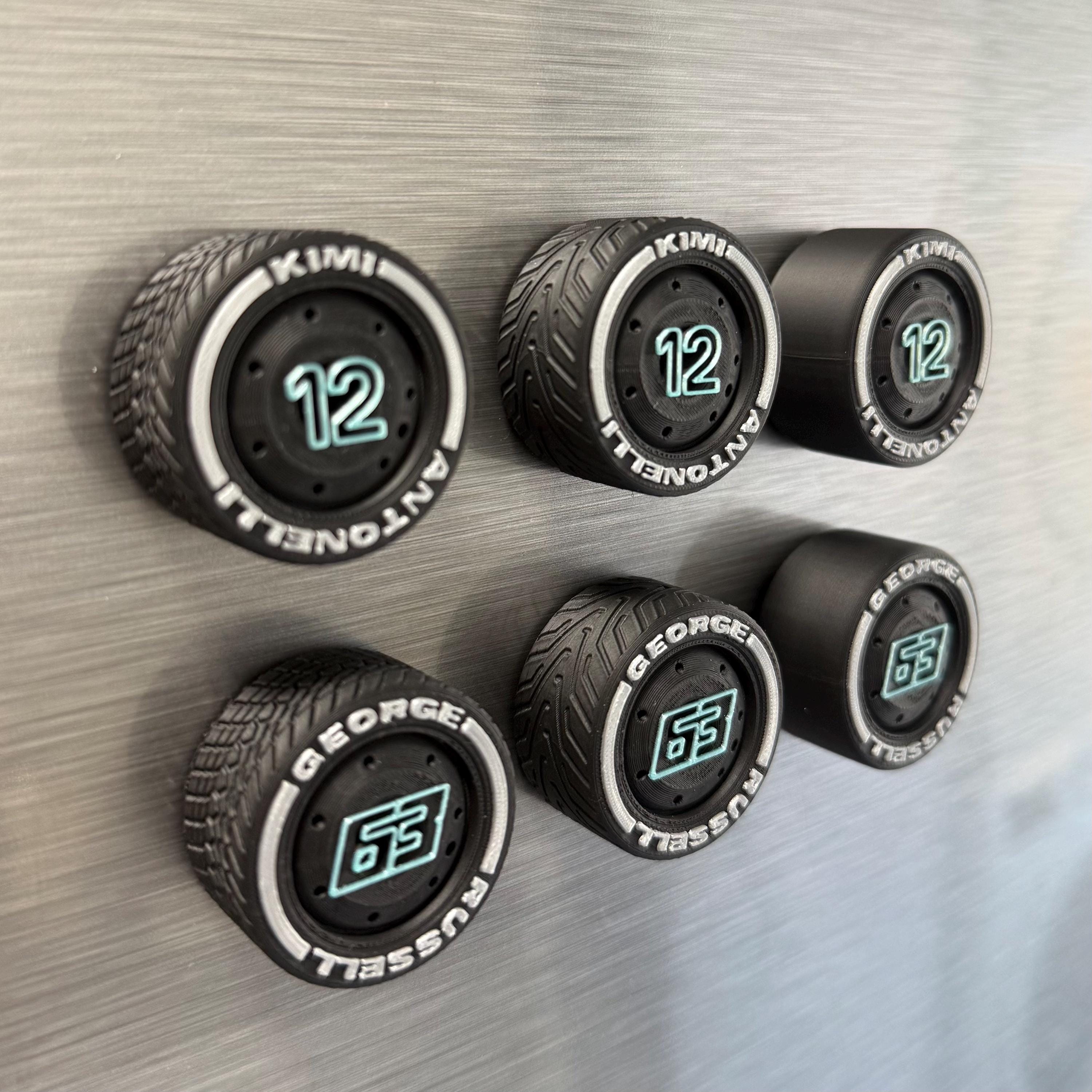 George Russell Kimi Antonelli F1 Tire Magnets – Silver Arrows Team Colors Formula 1 Fan Gift | Racing Numbers 63 and 12 | Collectible Set