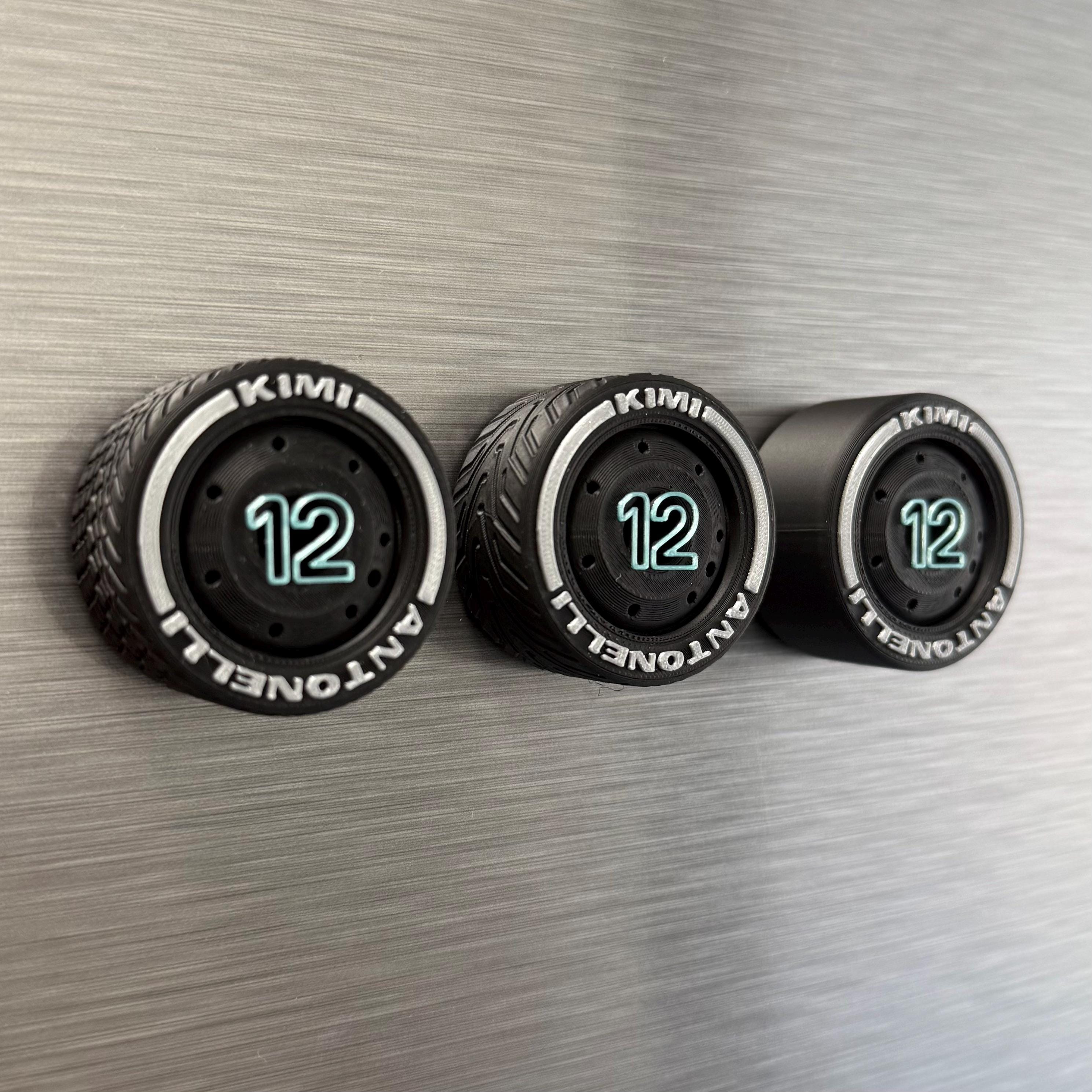 George Russell Kimi Antonelli F1 Tire Magnets – Silver Arrows Team Colors Formula 1 Fan Gift | Racing Numbers 63 and 12 | Collectible Set