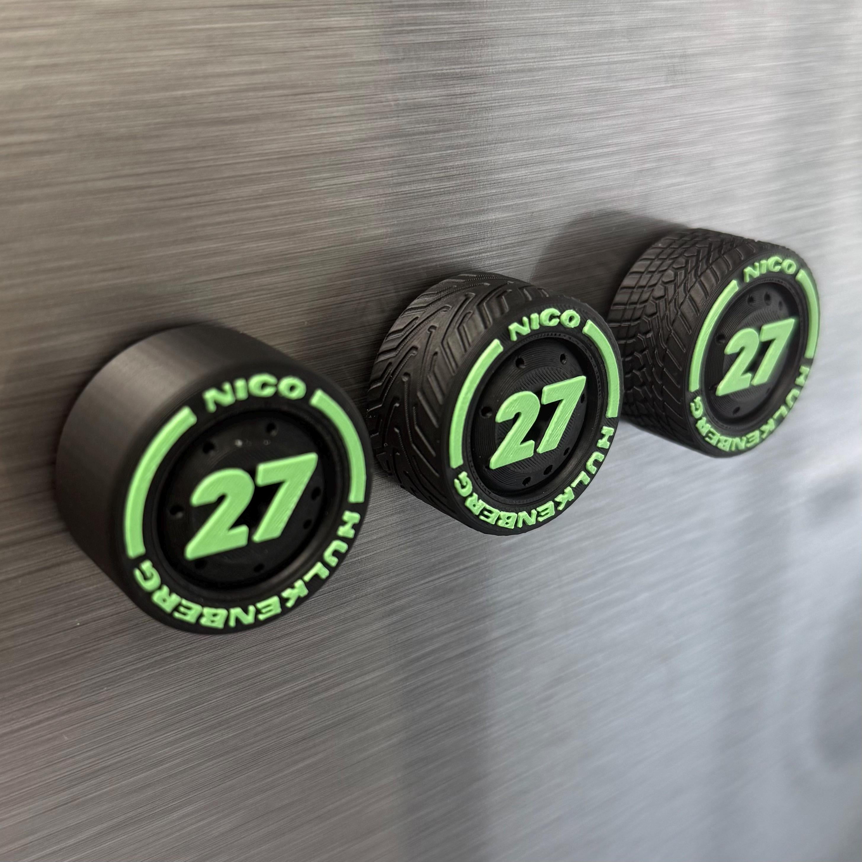 Gabriel Bortoleto Nico Hulkenberg F1 Tire Magnets – Heritage Team Colors Racing Numbers 5 and 27 Formula 1 Gift for Motorsport Fans