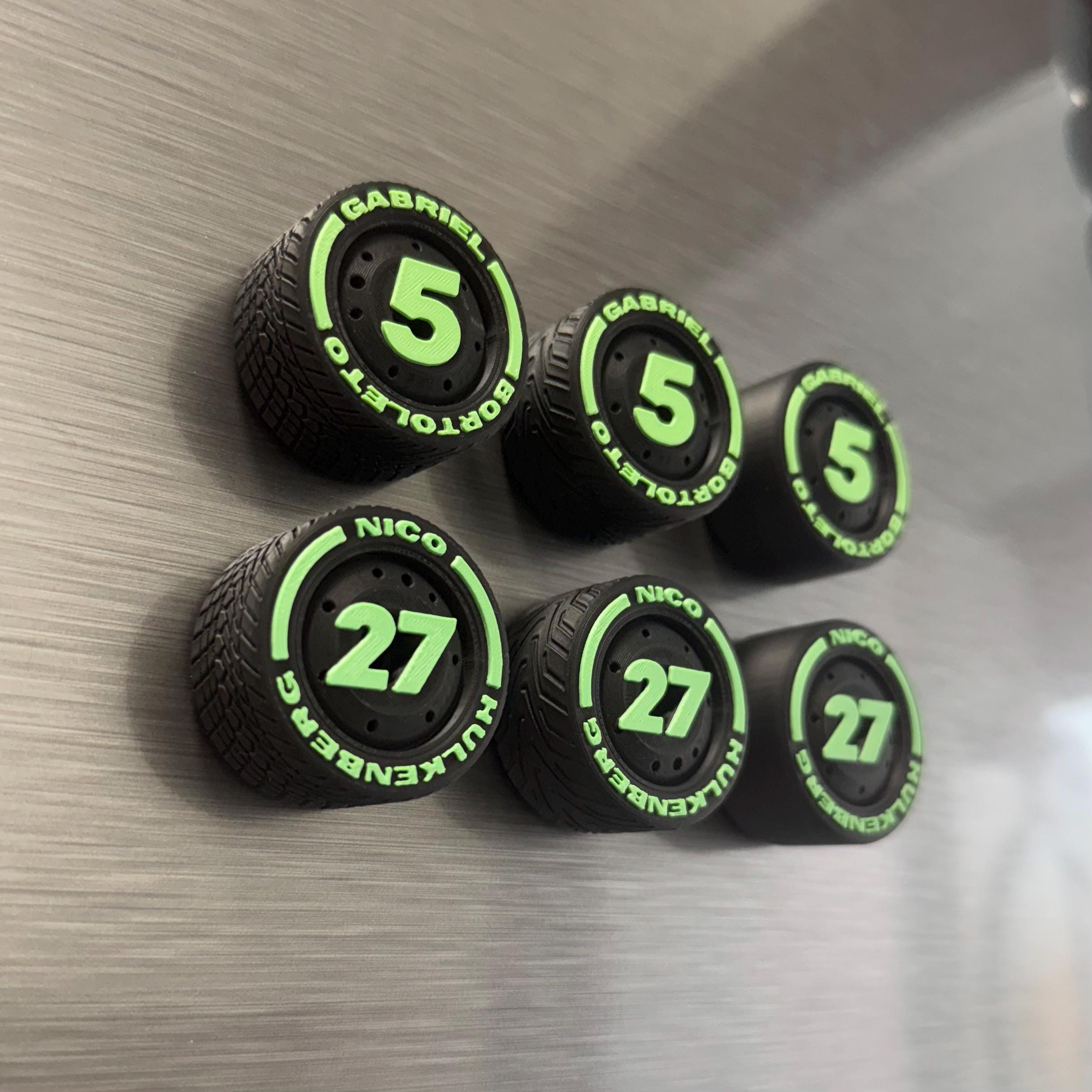 Gabriel Bortoleto Nico Hulkenberg F1 Tire Magnets – Heritage Team Colors Racing Numbers 5 and 27 Formula 1 Gift for Motorsport Fans