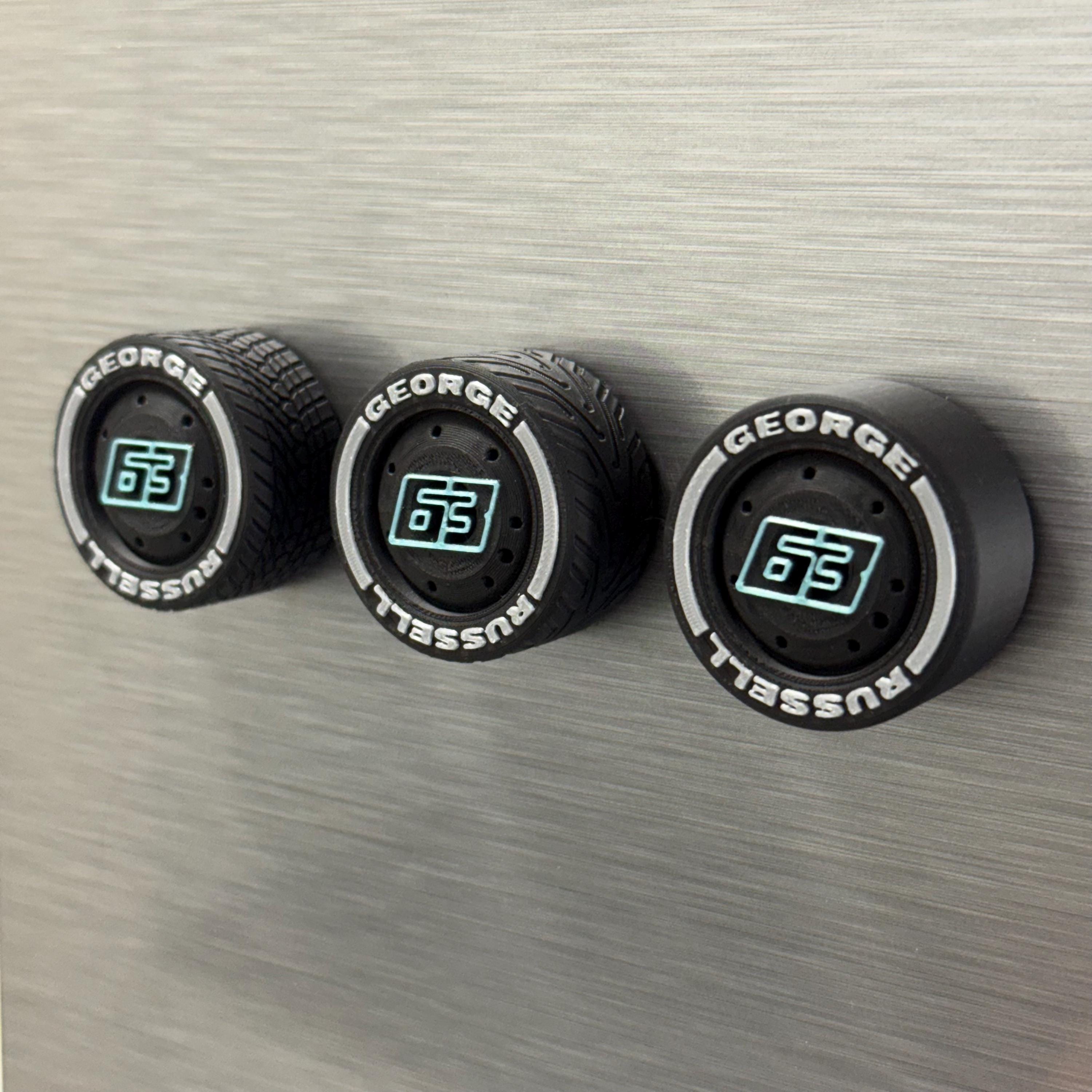 George Russell Kimi Antonelli F1 Tire Magnets – Silver Arrows Team Colors Formula 1 Fan Gift | Racing Numbers 63 and 12 | Collectible Set