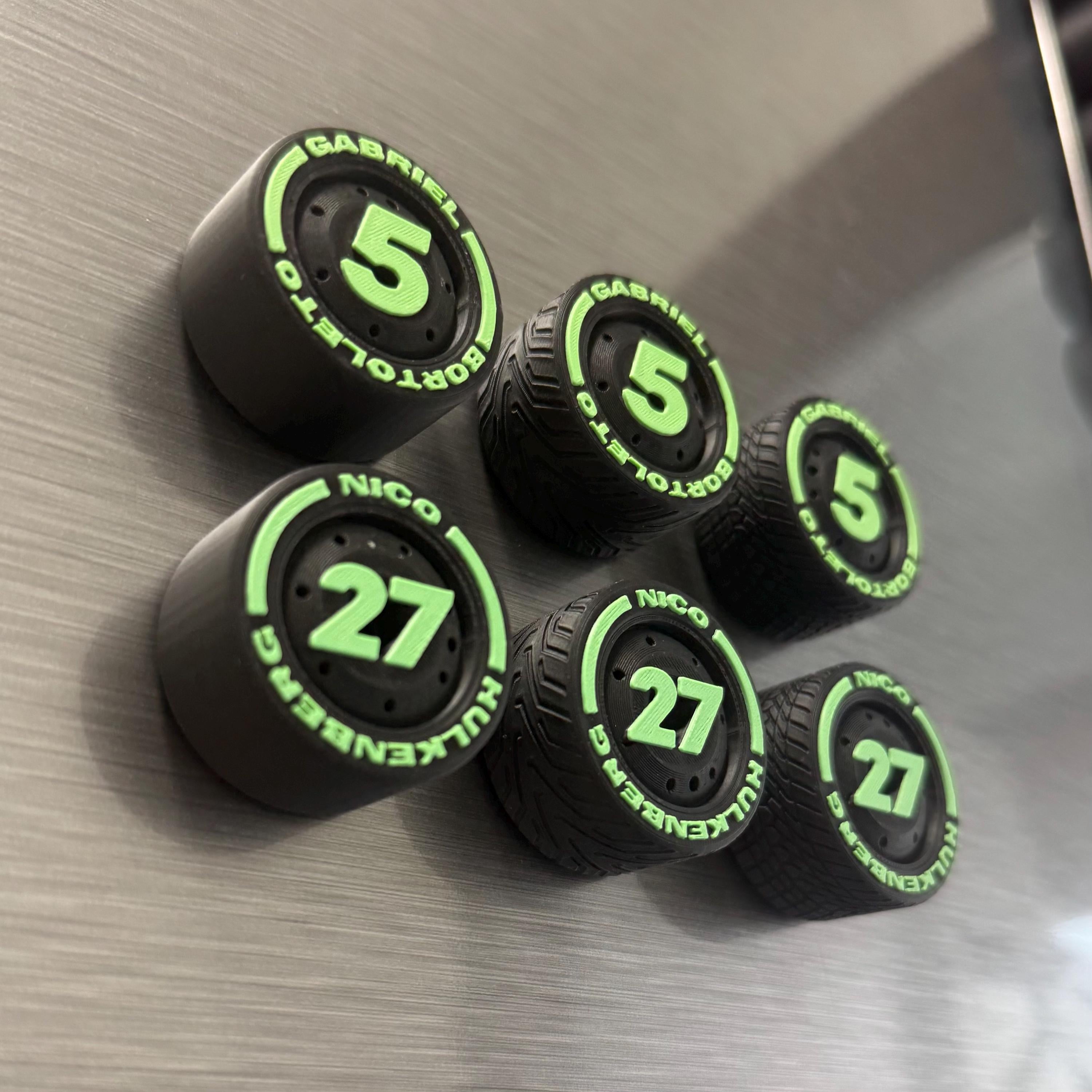 Gabriel Bortoleto Nico Hulkenberg F1 Tire Magnets – Heritage Team Colors Racing Numbers 5 and 27 Formula 1 Gift for Motorsport Fans