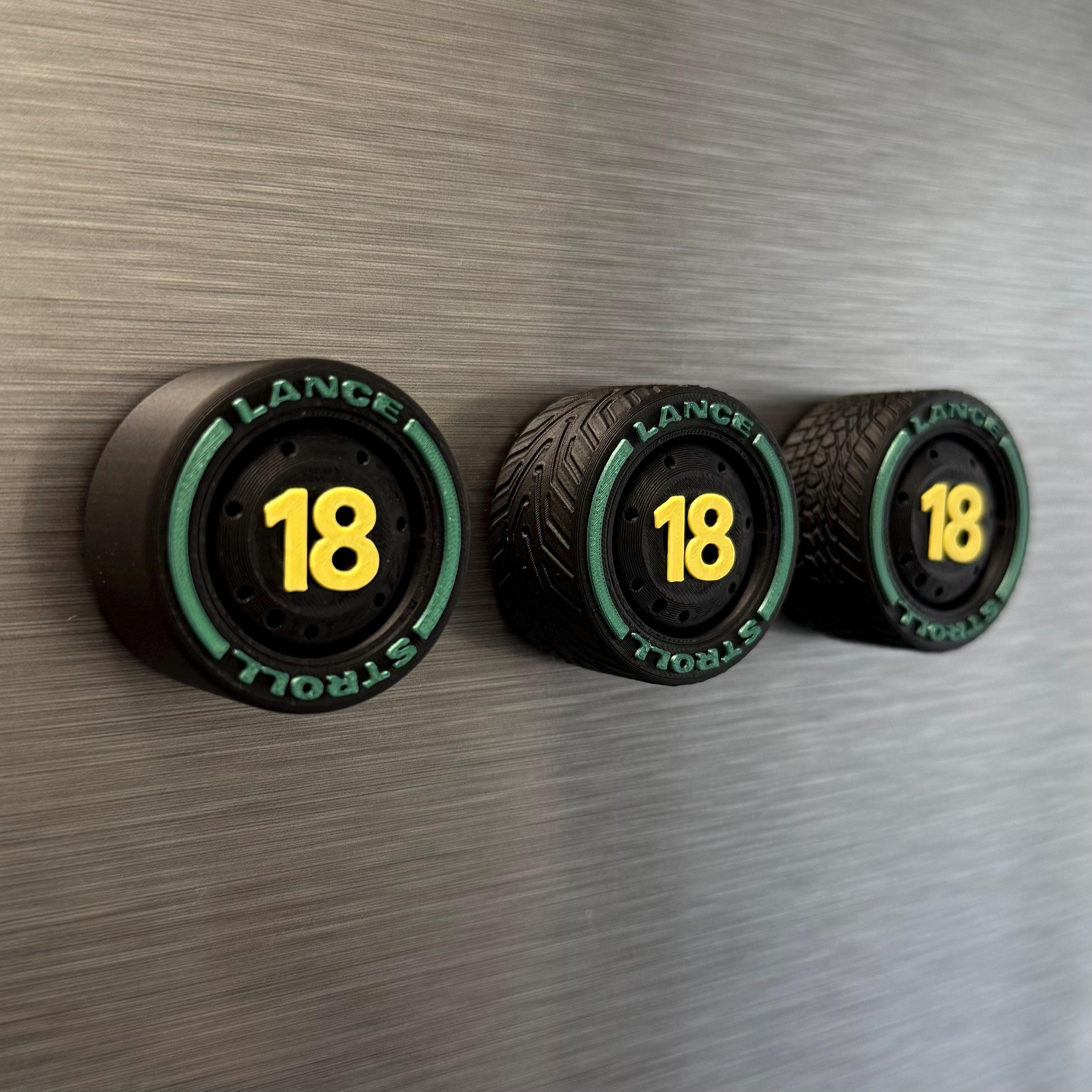 Green Wings F1 Team Tire Magnets – Colors Racing Numbers 14 and 18 Formula 1 Gift for Motorsport Fans