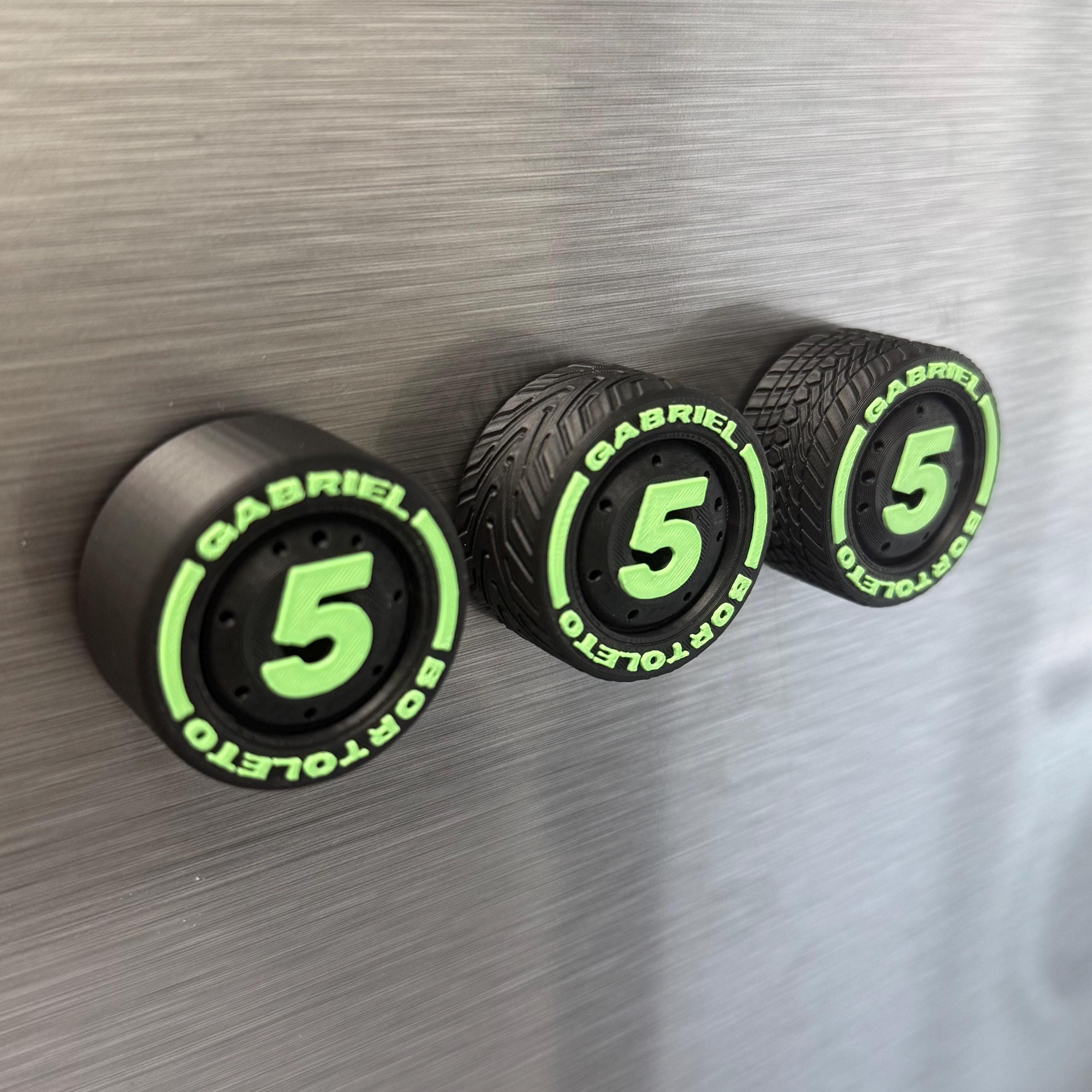 Gabriel Bortoleto Nico Hulkenberg F1 Tire Magnets – Heritage Team Colors Racing Numbers 5 and 27 Formula 1 Gift for Motorsport Fans