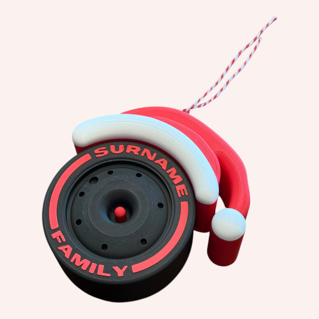 Custom Formula 1 Tire Ornament with Personalized Text – F1 Christmas Decoration with Removable Santa Hat – Racing Gift & Collectible