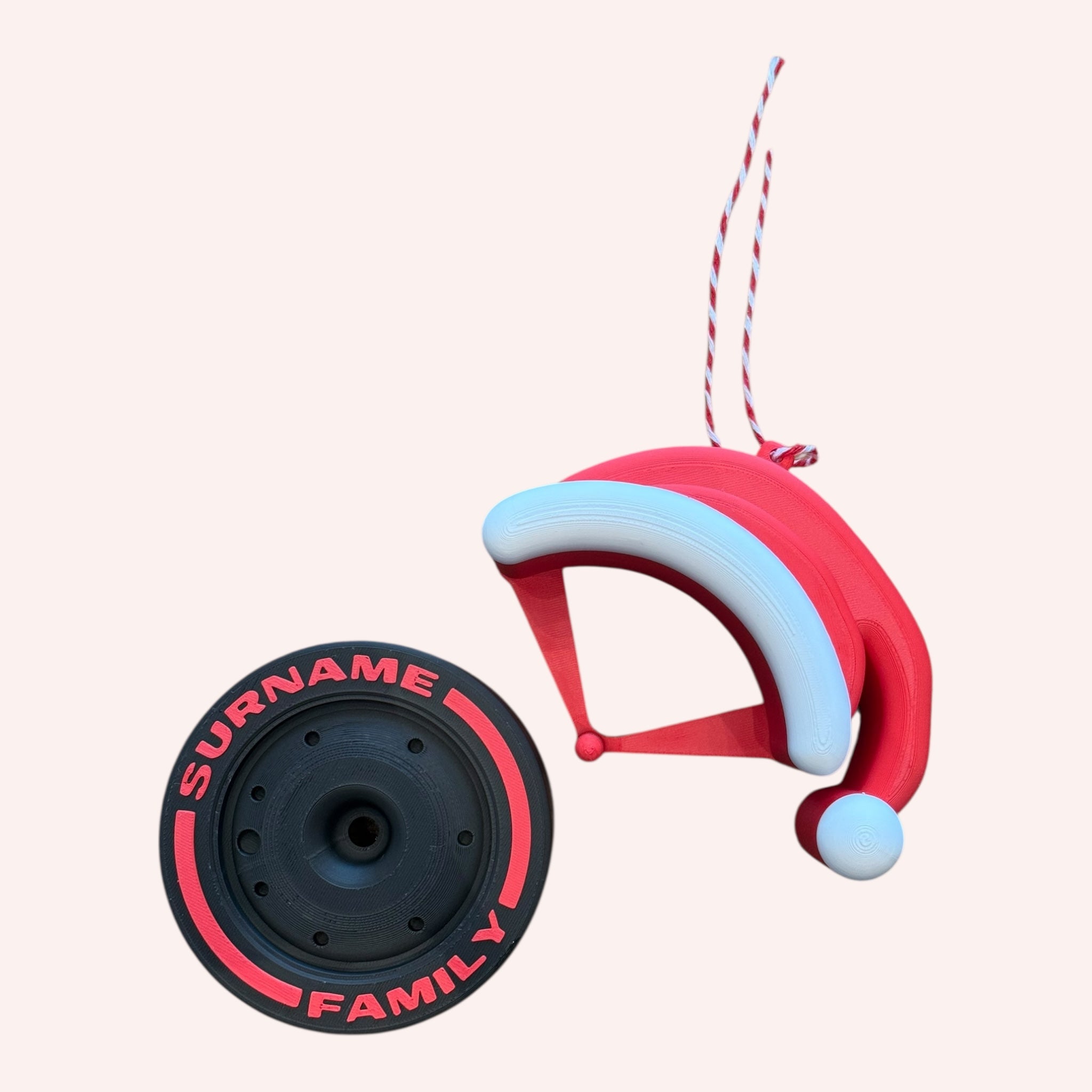 Custom Formula 1 Tire Ornament with Personalized Text – F1 Christmas Decoration with Removable Santa Hat – Racing Gift & Collectible