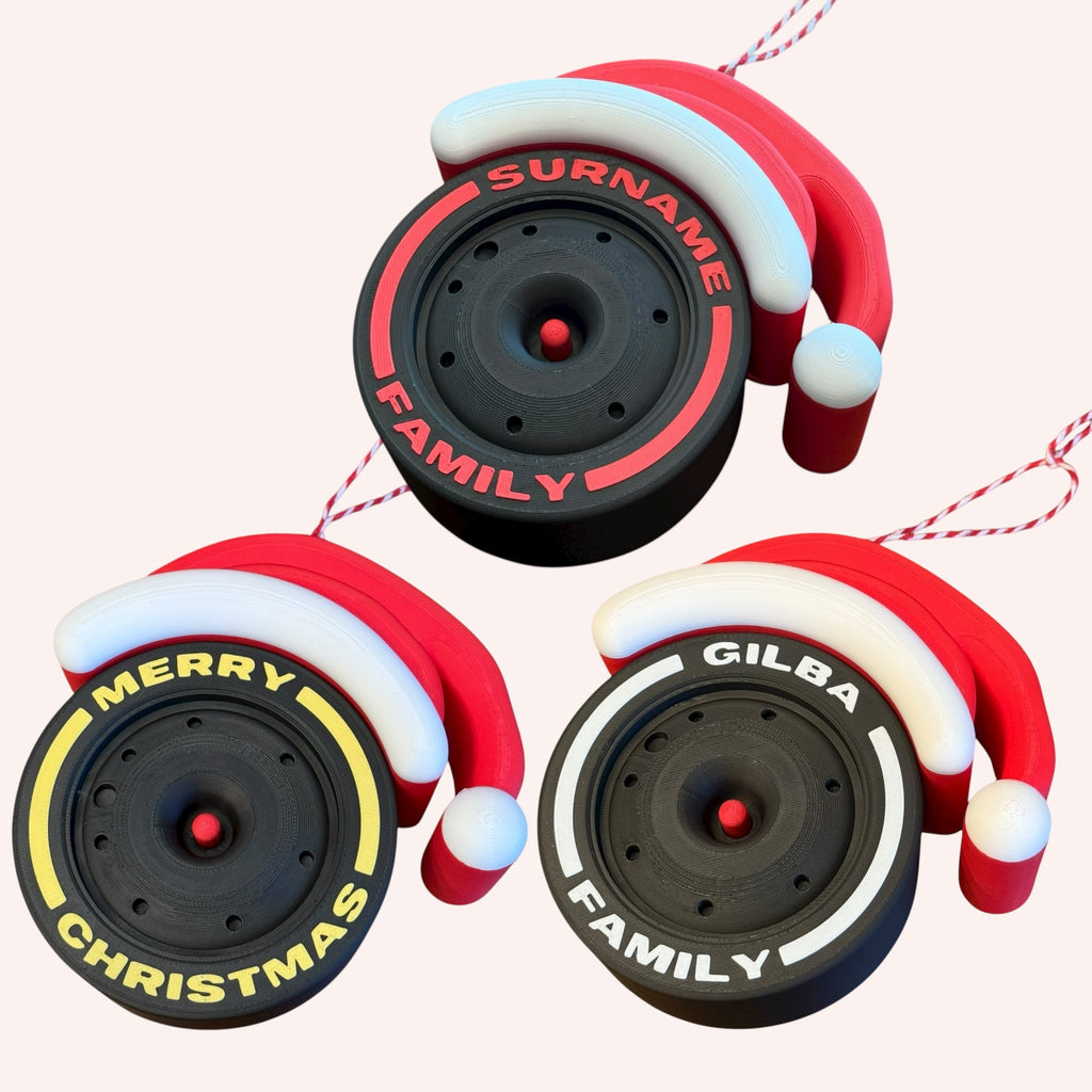 Custom Formula 1 Tire Ornament with Personalized Text – F1 Christmas Decoration with Removable Santa Hat – Racing Gift & Collectible