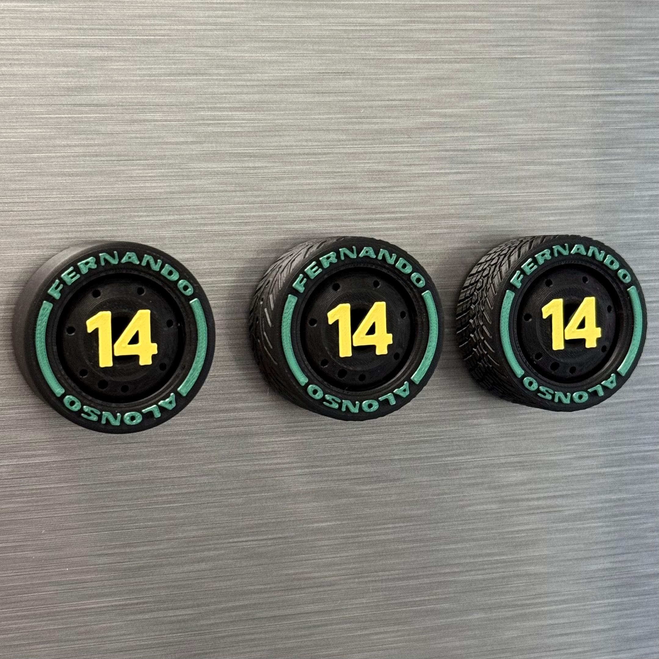 Green Wings F1 Team Tire Magnets – Colors Racing Numbers 14 and 18 Formula 1 Gift for Motorsport Fans