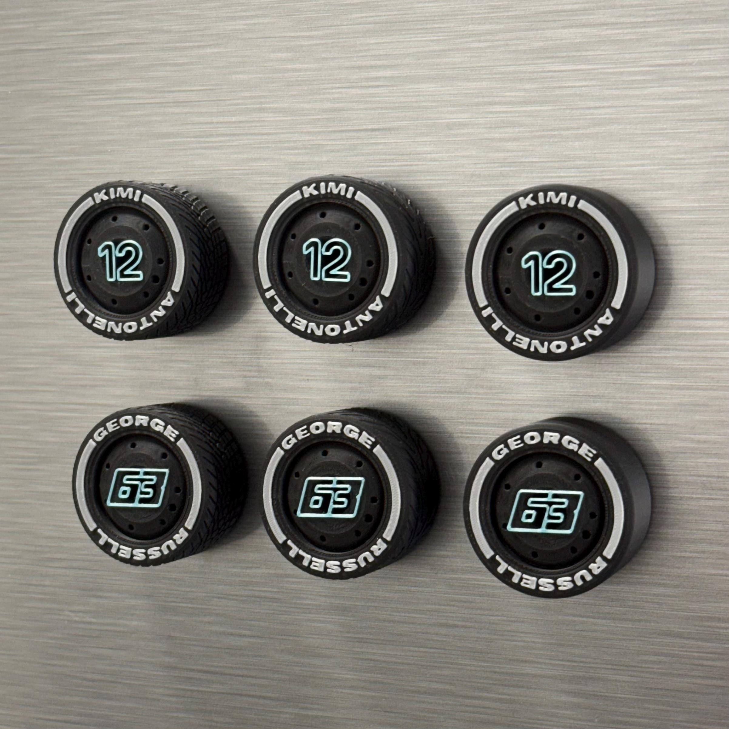 George Russell Kimi Antonelli F1 Tire Magnets – Silver Arrows Team Colors Formula 1 Fan Gift | Racing Numbers 63 and 12 | Collectible Set