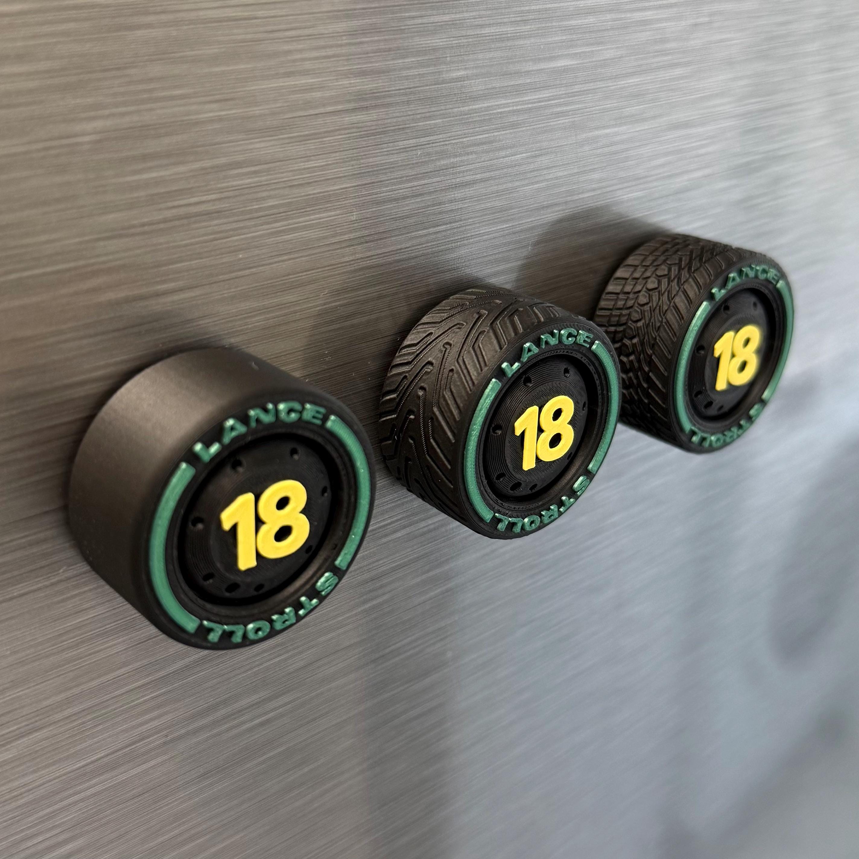Green Wings F1 Team Tire Magnets – Colors Racing Numbers 14 and 18 Formula 1 Gift for Motorsport Fans