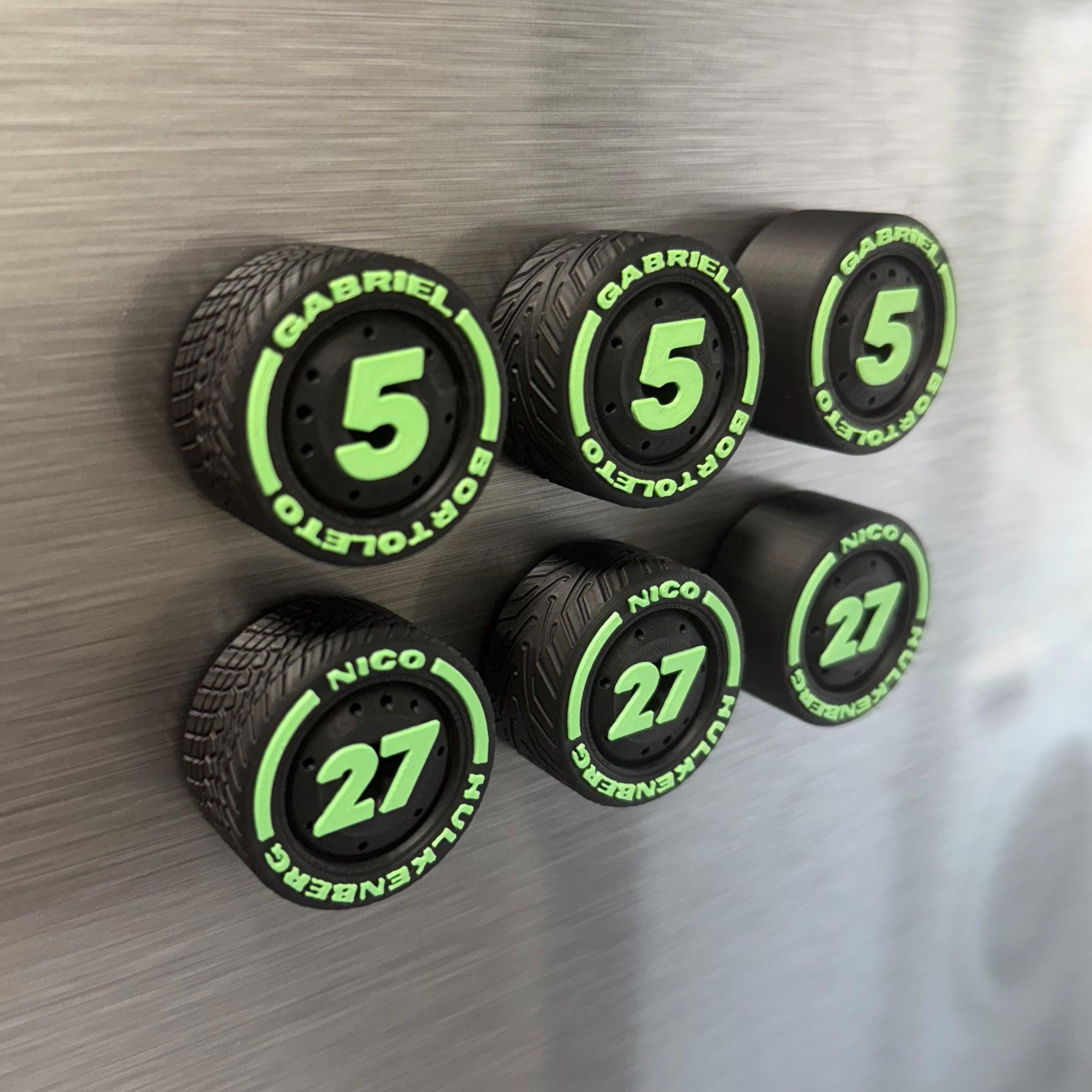 Gabriel Bortoleto Nico Hulkenberg F1 Tire Magnets – Heritage Team Colors Racing Numbers 5 and 27 Formula 1 Gift for Motorsport Fans