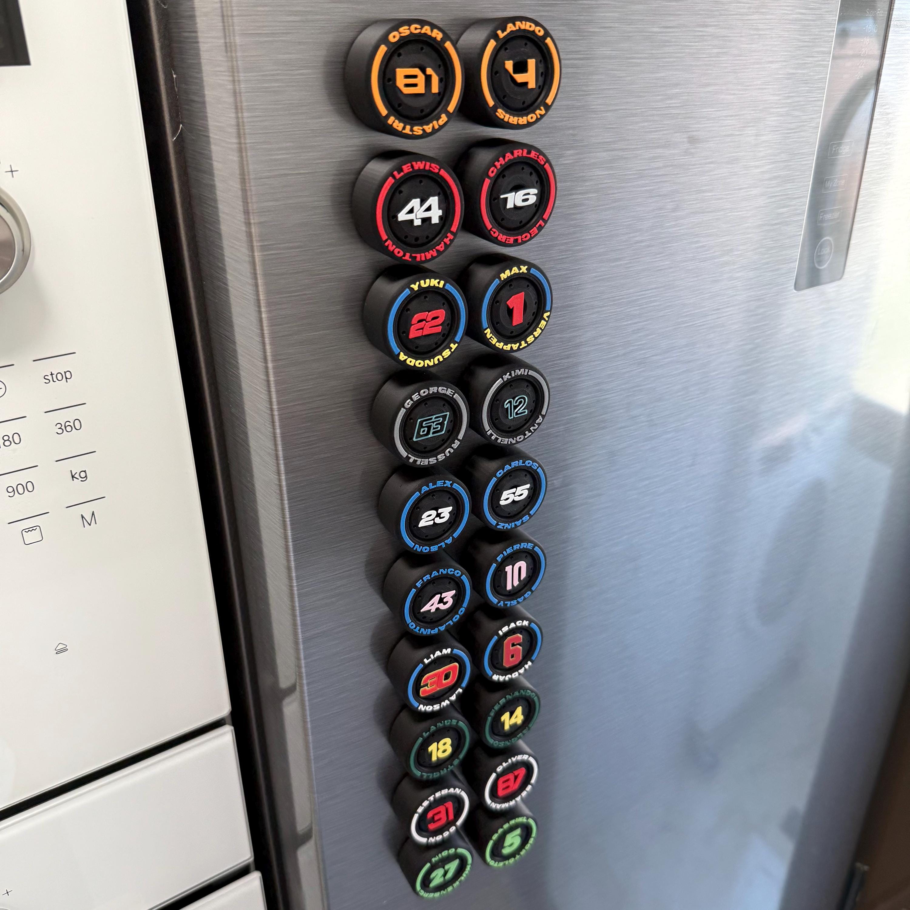 F1 2025 Full Grid Tire Magnet Set – All 20 Drivers Slick Compound with Race Numbers Formula 1 Gift for Motorsport Fans and Collectors