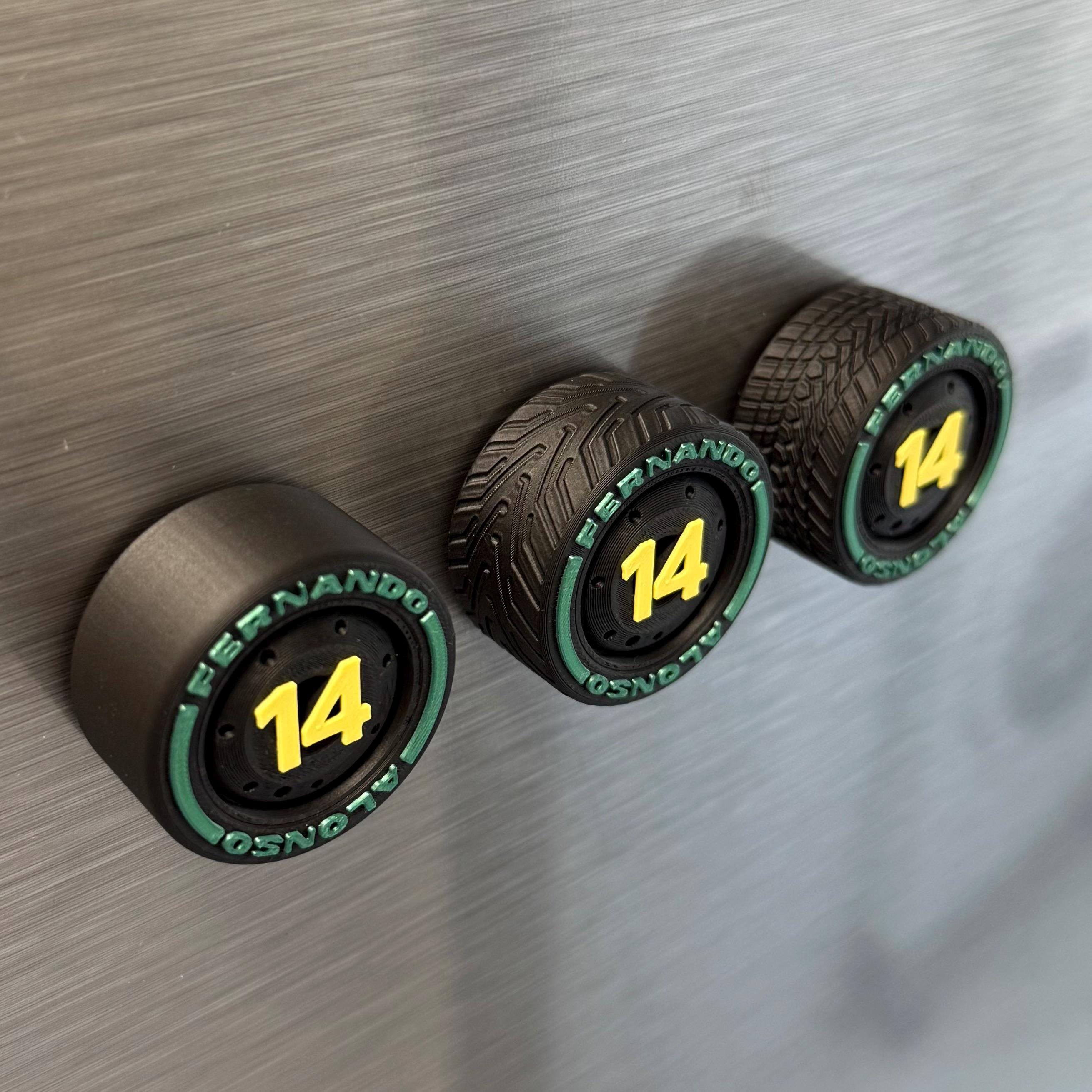 Green Wings F1 Team Tire Magnets – Colors Racing Numbers 14 and 18 Formula 1 Gift for Motorsport Fans